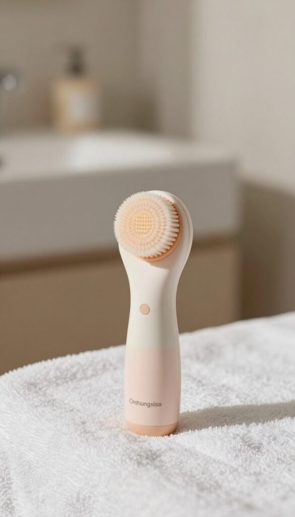 An electric facial brush from the "Ordnungskiste" brand, elegantly placed in the foreground on a soft, textured white towel. The brush features a sleek design with a soft, rounded head, and is covered in subtle pastel colors that evoke warmth and tranquility. In the middle ground, a gentle, natural setting with soft, ambient lighting enhances the mood, casting delicate shadows, while a blurred, minimalist bathroom scene serves as the background, hinting at a serene self-care moment. The focus is on the facial brush, showcasing its textured bristles and ergonomic handle. The overall atmosphere conveys calmness and sophistication, perfectly suited for a beauty-conscious audience.