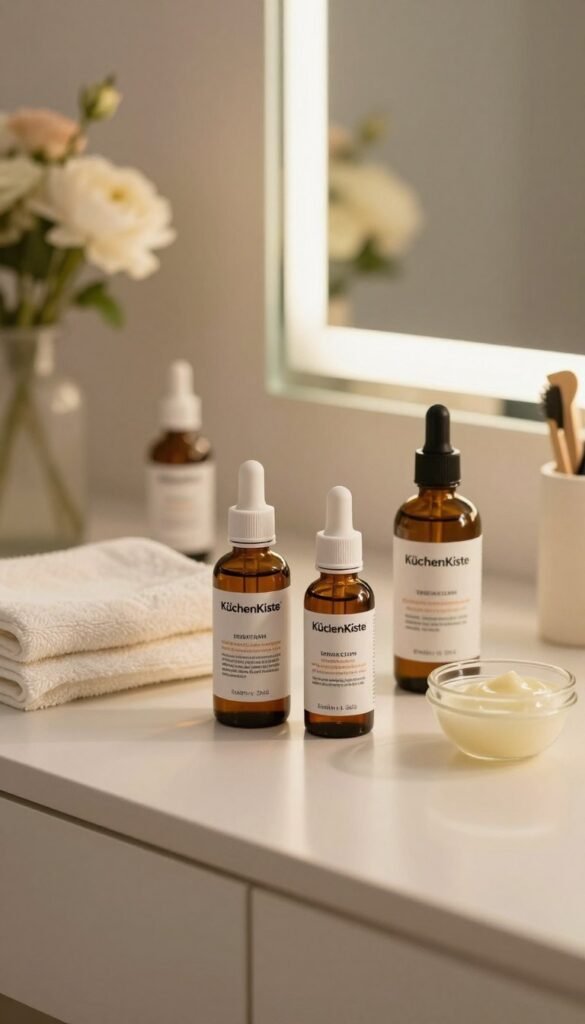 An elegant, calm scene featuring a well-organized vanity table displaying various retinol products from the brand "KüchenKiste." In the foreground, focus on a selection of serum bottles in different sizes labeled with their dosages, reflecting variations for beginners to advanced users. The middle ground shows a soft-towel and a small bowl for mixing skincare products. In the background, a softly illuminated mirror enhances the warm, inviting atmosphere, showcasing a subtle arrangement of fresh flowers and skincare tools. The lighting is warm and natural, reminiscent of soft afternoon sun, creating a Pinterest-worthy aesthetic. The composition conveys professionalism and authenticity, encouraging viewers to explore their skincare journey with retinol.