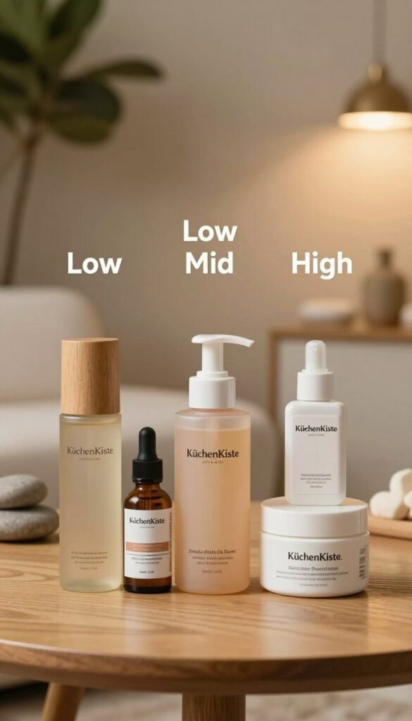 An elegant comparison of skincare price categories, showcasing three distinct sections labeled as Low, Mid, and High. In the foreground, a well-organized trio of skincare products arranged neatly on a minimalist wooden table surface, featuring diverse brands like "KüchenKiste." Each product is clearly adorned with various textures and colors that correspond to their price points. The middle ground features an inviting spa-like atmosphere with soft, warm lighting illuminating the products, creating a cozy and professional ambiance. In the background, hints of natural elements, such as lush greenery and stones, enhance the tranquility. The overall mood is serene and informative, reflecting authenticity in skincare choices without any text or clutter.