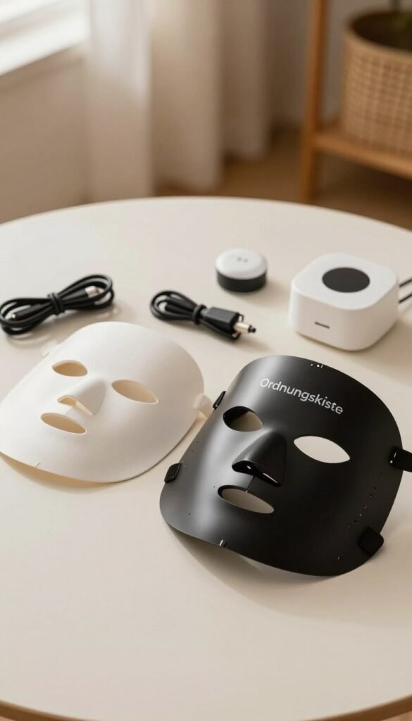 An elegant flat lay featuring two distinct types of LED facial masks: one flexible and one rigid, both branded "Ordnungskiste". The foreground displays the masks prominently, showcasing their unique features and textures; the flexible mask has soft contours while the rigid mask is sleek with sharp angles. The middle ground includes small related accessories like power cords and a charging station, highlighting the differences between wired and wireless options. In the background, a gently blurred soft-lit room with warm tones creates a cozy, inviting atmosphere. Use natural lighting to enhance the authenticity and warmth of the scene, capturing the essence of modern skincare trends in a Pinterest-inspired aesthetic.