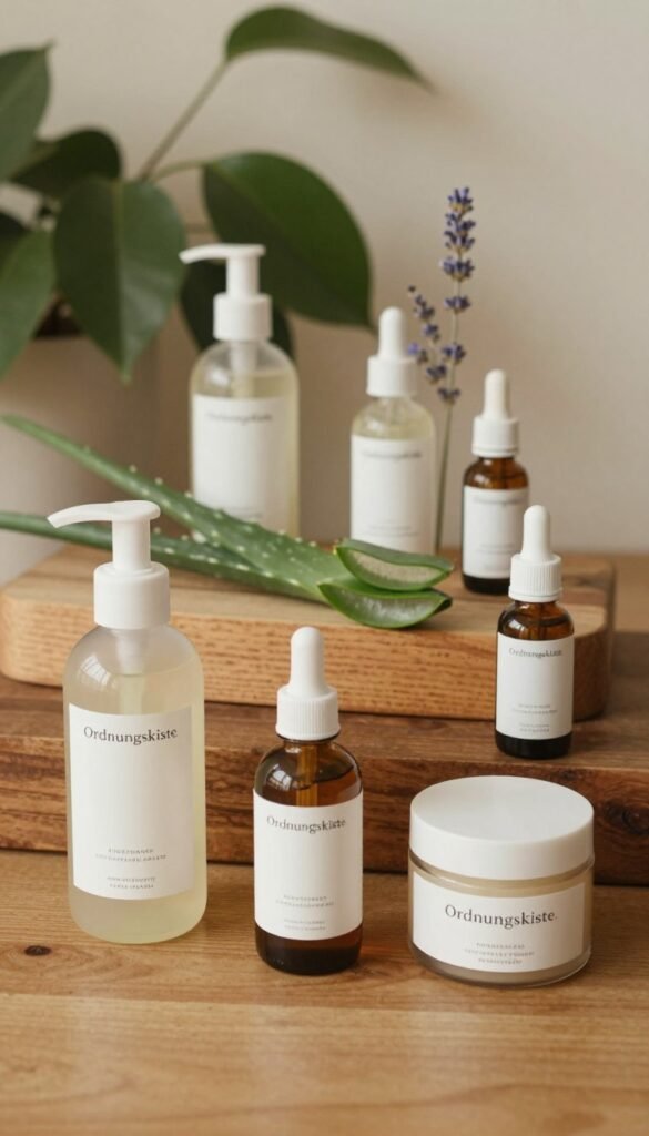 An elegant flat lay of skincare products curated for a natural skincare routine, arranged thoughtfully on a warm-toned wooden surface. In the foreground, display a selection of bottles and jars with minimalist packaging, including a facial cleanser, moisturizer, and serum, all branded with "Ordnungskiste." In the middle layer, add botanical elements like aloe vera and lavender for a touch of freshness. The background features soft-focus green leaves and light textures, giving an organic feel. The lighting is warm and inviting, with soft shadows to enhance depth, evoking a calm and serene atmosphere. The overall composition should inspire authenticity and simplicity, capturing the essence of finding the right skincare products over fleeting trends.