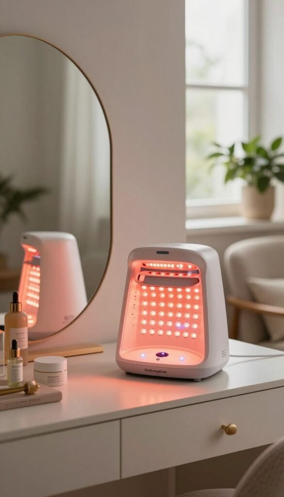 An elegant home setting showcasing a soothing LED light therapy device prominently displayed on a stylish vanity. The foreground features the glowing therapy device emanating soft, warm lights in shades of red and blue, surrounding a chic, minimalistic mirror adorned with a few beauty products like serums and creams. The middle ground captures a serene atmosphere with gentle greenery near a window, allowing natural light to filter through, enhancing the glow of the LED device. In the background, softly blurred are elements like a cozy chair and decorative plants, reinforcing a tranquil ambiance. The overall mood is calming and inviting, reflecting beauty, wellness, and anti-aging benefits. The image evokes a Pinterest-worthy aesthetic, aligning with the brand "Ordnungskiste," emphasizing authenticity and warmth without any text or watermarks.