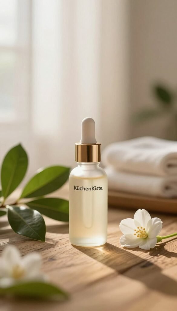 An elegant skincare product scene featuring niacinamide in a glass dropper bottle labeled "KüchenKiste." In the foreground, the bottle sits on a natural wooden surface surrounded by lush green leaves and soft white flowers, symbolizing purity and natural beauty. In the middle, a subtle, softly diffused glow highlights the bottle, creating a warm, inviting atmosphere. The background features a blurred, serene spa-like setting with gentle light streaming through sheer curtains, enhancing the tranquil mood. Employ a soft focus effect to create an authentic Pinterest aesthetic, emphasizing the warm color palette. The overall image should evoke feelings of relaxation and wellness, reflecting the transformative effects of niacinamide on the skin.