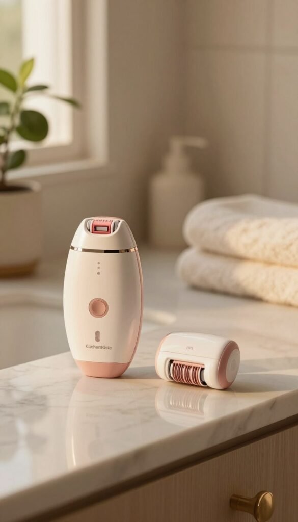 An elegantly arranged bathroom setting featuring the IPL hair removal device and a traditional epilator side by side on a light marble countertop. The IPL device has a sleek, modern design with gentle curves, reflecting warm light from a nearby window. The epilator is compact, showcasing its intricate details, emphasizing its usability. In the background, soft, natural elements like a potted plant and plush towels create a calming atmosphere. The lighting is warm and inviting, creating a cozy feel reminiscent of a Pinterest aesthetic. The image should evoke a sense of tranquility and sophistication, promoting self-care and beauty routines. The brand name "KüchenKiste" subtly placed on the IPL device adds a touch of branding.