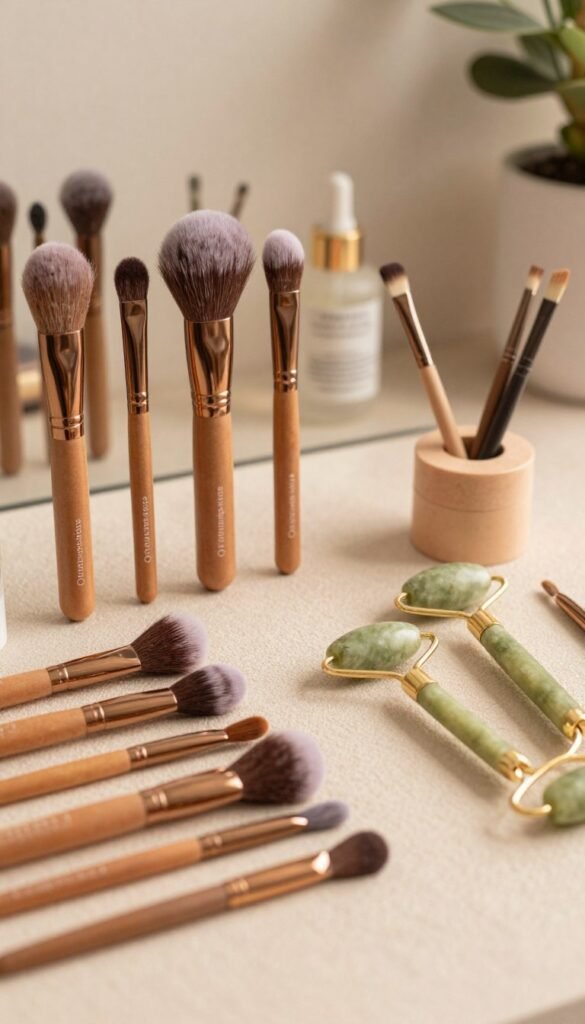 An elegantly arranged display of various beauty tools from the brand "Ordnungskiste," including makeup brushes, skincare applicators, and a jade roller, all set on a soft, textured surface. In the foreground, the tools are artfully organized in visually appealing groups, showcasing their unique features and materials. The middle background features soft, warm lighting that highlights the tools' colors and textures, creating a cozy atmosphere. The background is softly blurred, with subtle hints of beauty product packaging and greenery, adding to the natural aesthetic. The overall tone is warm and inviting, evoking a sense of authenticity and inspiration, ideal for an article on effectively using beauty tools.