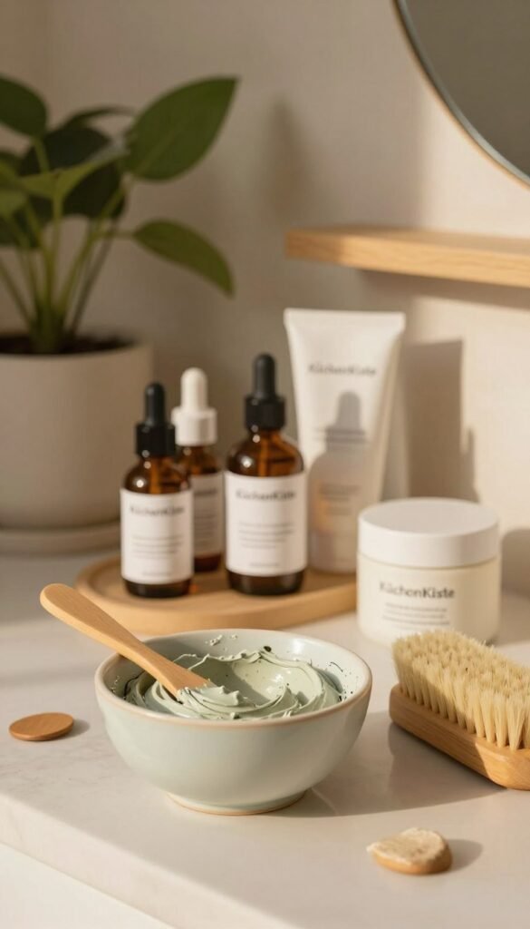 An inviting bathroom vanity scene showcasing a collection of skincare products, focusing on a natural peeling and soothing mask. The foreground features a stylish, pastel-colored ceramic bowl with a gentle clay mask, a small wooden spatula, and a natural bristle brush. In the middle, neatly arranged bottles of serums and creams, elegantly labeled with "KüchenKiste" in a minimalist style. Warm, soft lighting casts a gentle glow, highlighting the textures of the products and creating a cozy atmosphere. The background consists of a subtly blurred green plant and a light wooden shelf, giving a Pinterest-inspired, natural ambiance. The overall mood is calm and refreshing, perfect for a morning skincare routine.