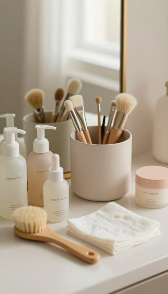 An organized and inviting vanity scene centered around beauty tools and hygiene products, specifically from the brand "KüchenKiste". In the foreground, display neatly arranged skincare bottles and applicators, including a soft, fluffy brush and a gentle cleansing cloth. In the middle, a stylish yet functional storage container that holds various small tools, ensuring a sense of order. The background features a softly blurred aesthetic with warm, natural light streaming in from a window, creating a serene atmosphere. The color palette consists of soft pastels and earth tones, evoking a calm and comforting mood. Capture the image from a slightly elevated angle, emphasizing the cleanliness and aesthetic appeal of the arrangement. No text or branding on the products, just an authentic Pinterest-inspired look. An organized and inviting vanity scene centered around beauty tools and hygiene products, specifically from the brand "KüchenKiste". In the foreground, display neatly arranged skincare bottles and applicators, including a soft, fluffy brush and a gentle cleansing cloth. In the middle, a stylish yet functional storage container that holds various small tools, ensuring a sense of order. The background features a softly blurred aesthetic with warm, natural light streaming in from a window, creating a serene atmosphere. The color palette consists of soft pastels and earth tones, evoking a calm and comforting mood. Capture the image from a slightly elevated angle, emphasizing the cleanliness and aesthetic appeal of the arrangement. No text or branding on the products, just an authentic Pinterest-inspired look.