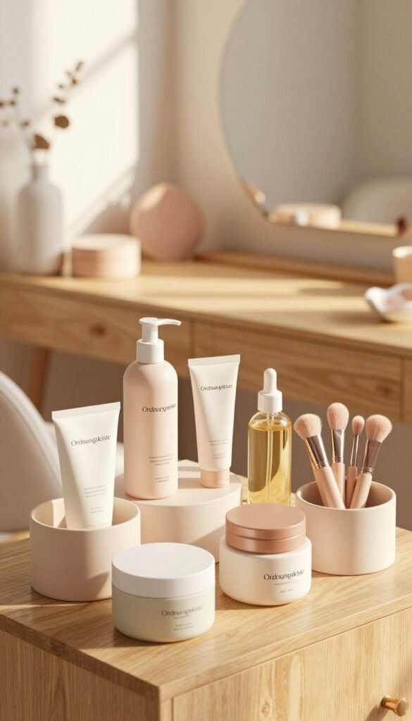 An organized beauty space featuring "Ordnungskiste" products in a beautifully arranged display. In the foreground, sleek and modern containers showcase various beauty items like skincare essentials, fragrant oils, and stylish makeup tools. The middle ground highlights a neatly organized vanity table with warm wooden textures, adorned with soft pastel decor elements, creating a serene atmosphere. The background is softly blurred to emphasize depth, featuring gentle sunlight streaming in from a nearby window, casting warm golden tones across the scene. The lens captures the image at a slightly elevated angle to offer a clear view of the orderly setup. The mood is calm, inviting, and aesthetically pleasing, ideal for a Pinterest-inspired beauty routine.