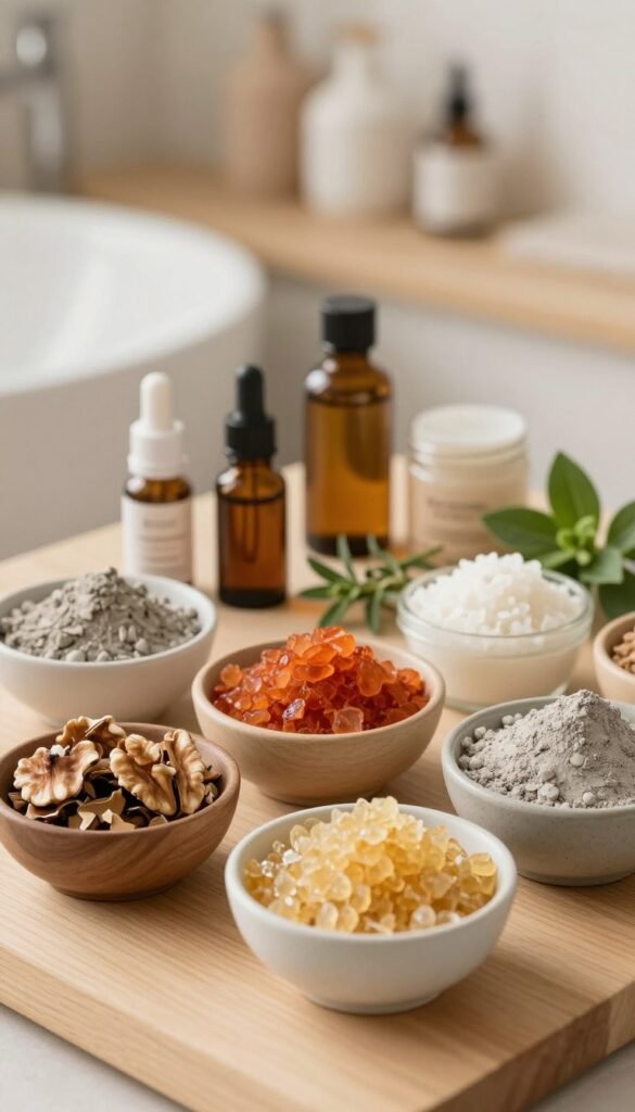 Close-up image of a variety of natural skincare exfoliants, including different types of facial peels, masks, and scrubs neatly arranged on a light wooden surface. In the foreground, include small bowls filled with vibrant colored exfoliating ingredients like crushed walnut shells, fruit enzymes, and clay, showcasing their textures. The middle ground features essential oils and a few fresh herbs for a natural touch. In the background, softly blurred, there is a serene bathroom setting with warm lighting, neutral tones, and soothing decor elements that evoke a relaxing atmosphere. The overall mood is calm and inviting, promoting self-care. The image should reflect an elegant, Pinterest-worthy aesthetic, with the brand "KüchenKiste" subtly present on the wooden surface, ensuring no text overlays or distractions.