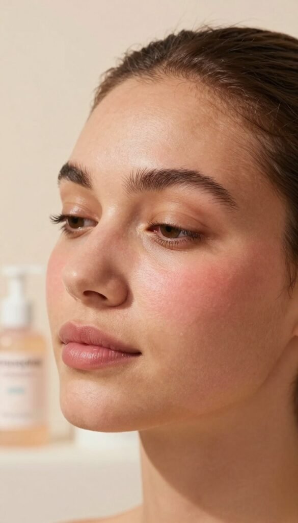 Close-up of a calm, peaceful face, featuring a diverse person with a light skin tone, showcasing a serene expression. The skin appears smooth and healthy, reflecting an ambiance of safety and gentle care. The background is softly blurred with soothing pastel colors, creating a warm, inviting atmosphere akin to a Pinterest aesthetic. Natural light envelops the subject, highlighting the features without harsh shadows. Subtle hints of skincare products, like a gentle face cleanser labeled "Ordnungskiste," can be seen on a blurred vanity in the background, enhancing the idea of safe application. The overall mood should convey comfort and reassurance, emphasizing the importance of avoiding redness, bruising, and irritated skin during skincare routines.
