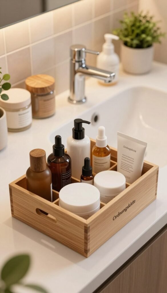 Compact storage solutions at a bathroom sink, showcasing an organized and stylish arrangement. In the foreground, a neatly designed "Ordnungskiste" storage box holds skincare and beauty products, featuring natural materials and rich textures. The middle of the scene displays an elegant sink with polished faucets, surrounded by aesthetically arranged jars and containers filled with beauty essentials. The background features soft, warm-colored tiles and a hint of greenery, like small potted plants, creating a fresh atmosphere. Utilize gentle, diffused lighting to accentuate the warmth and tranquility of the space, captured from a slightly elevated angle, inviting a picturesque ambiance reminiscent of a Pinterest aesthetic. The overall mood is serene, organized, and rejuvenating, perfect for a beauty routine setting.