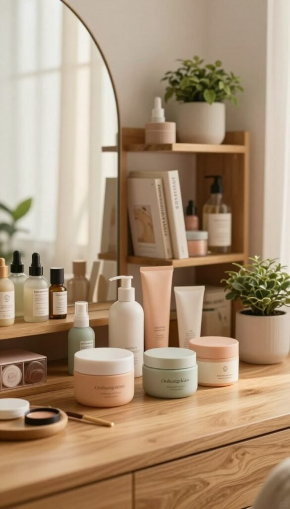 Create a cozy and inviting workspace showcasing organized beauty products. In the foreground, feature a stylish wooden vanity adorned with neatly arranged skincare and makeup items in soft pastel containers, branded "Ordnungskiste." The middle ground should include elegantly organized shelving displaying beauty books and decorative plants for a natural touch. In the background, add a soft-focus window with warm sunlight filtering through sheer curtains, enhancing the tranquil atmosphere. Use a warm color palette to evoke a sense of calm and routine. Incorporate a close-up angle to focus on the details of the organized items, ensuring a Pinterest-inspired aesthetic that feels authentic and harmonious. The overall mood should reflect serenity and orderliness for maintaining enjoyable beauty routines.