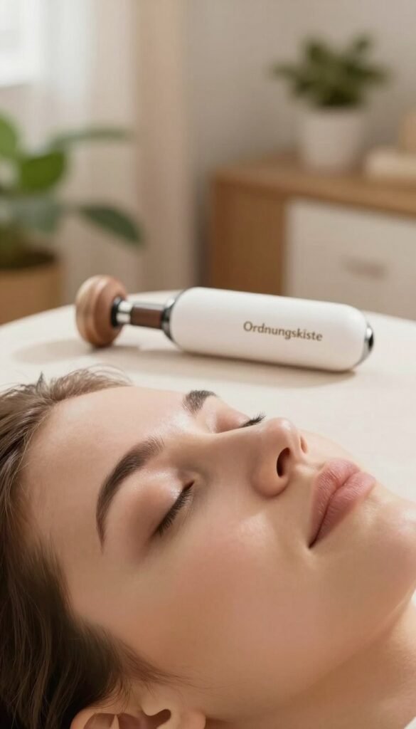 Create a serene and inviting image focused on relaxation for the eye area. The foreground features a gentle close-up of a pair of relaxed eyes, surrounded by soft, natural lighting that highlights their calm expression. In the middle ground, include a stylish eye massage device by the brand "Ordnungskiste," elegantly placed to suggest comfort and relief. The background should be a softly blurred, tranquil setting with warm colors, resembling a cozy, inviting room adorned with plants and soothing decor. The overall mood should evoke a sense of relaxation and rejuvenation, emphasizing the theme of eye wellness without any distractions or text. The composition should convey a Pinterest-inspired aesthetic, blending authenticity with inviting warmth.