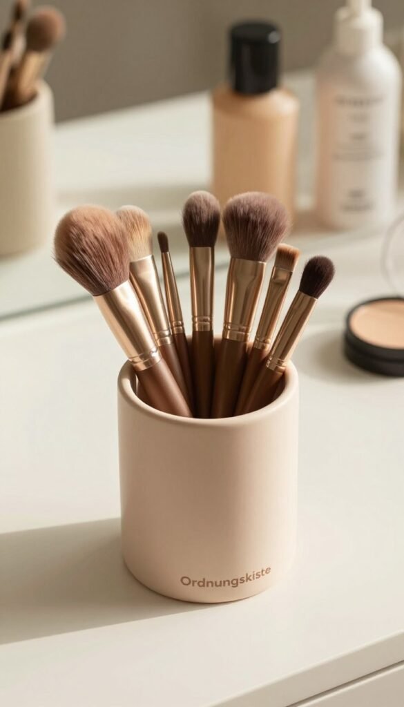 Create a serene image of an elegant brush organizer branded "Ordnungskiste" positioned prominently in the foreground. The organizer should be filled with a variety of makeup brushes, showcasing their soft bristles and diverse shapes, arranged in an aesthetically pleasing manner. In the middle ground, display a clean vanity surface with a few high-quality beauty products subtly blurred in the background, enhancing the sense of an organized beauty space. Use warm, natural lighting to cast gentle shadows that create a cozy atmosphere, reminiscent of Pinterest-inspired decor. The angle should be slightly overhead, highlighting the cleanliness and order of the setup, evoking feelings of tranquility and professionalism. Ensure the entire composition feels authentic and inviting, with no text or additional elements in the image.