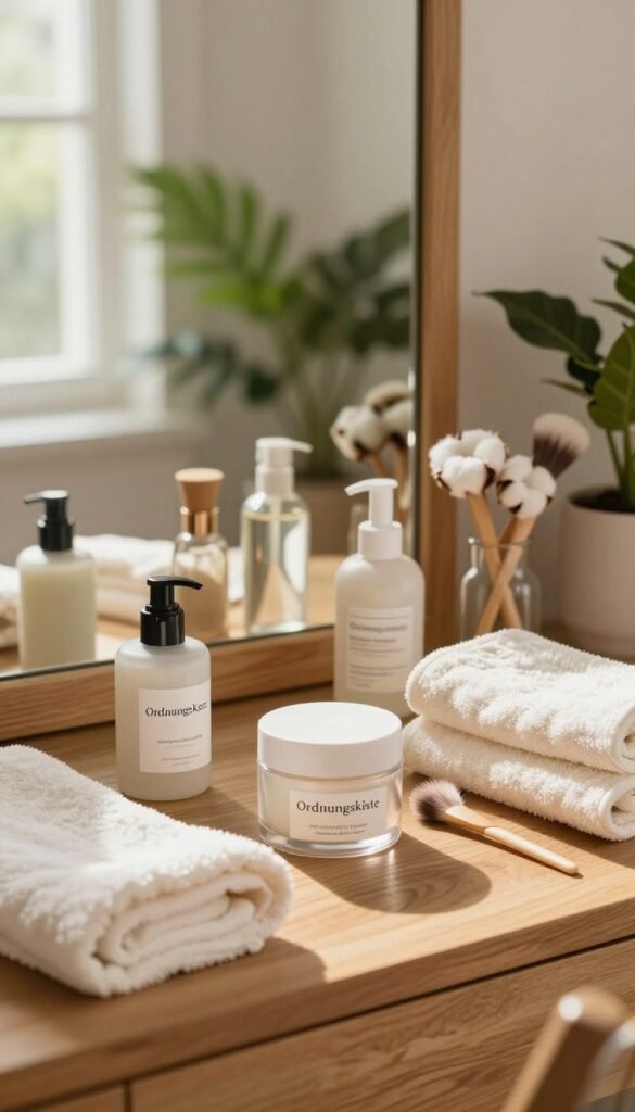 Create a serene image showcasing an organized beauty routine setup featuring various materials such as soft cotton, polished wood, and glass. In the foreground, display elegantly arranged beauty products in clear containers labeled "Ordnungskiste", along with plush towels and delicate brushes, all in warm, inviting colors. The middle ground should feature a stylish vanity with good lighting, perhaps a chic mirror reflecting the calming atmosphere. In the background, suggest a soft-focus setting of lush indoor plants to enhance tranquility. Utilize natural light streaming in through a window to create a warm glow that emphasizes the textures and materials. The overall mood should evoke relaxation and elegance, capturing an authentic Pinterest-inspired aesthetic without any text or distractions.
