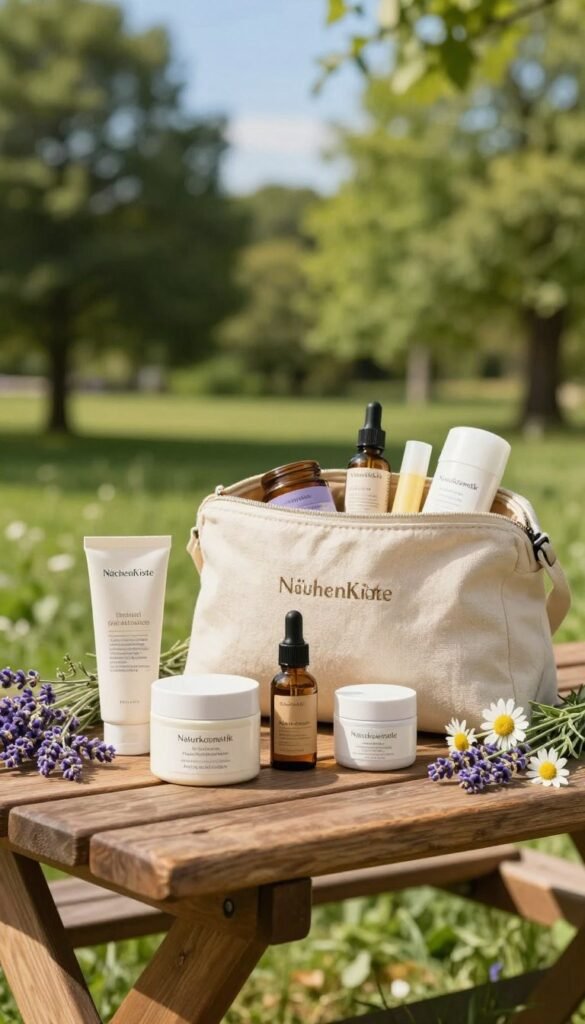 Create a tranquil and inviting scene of "Naturkosmetik" products displayed on a wooden picnic table set in a lush, sunlit park. In the foreground, arrange natural skincare items such as organic face creams, herbal oils, and refillable travel containers, surrounded by sprigs of fresh herbs and flowers like lavender and chamomile. In the middle ground, showcase a stylish, eco-friendly travel bag partially opened, revealing more organic beauty essentials like natural deodorant and lip balm. The background features a soft-focus of green trees and a clear blue sky, creating a warm, cheerful atmosphere. Utilize gentle, natural lighting to highlight the textures and colors of the products, emphasizing authenticity in a Pinterest-inspired aesthetic. Incorporate the brand name "KüchenKiste" subtly into the design of the products.