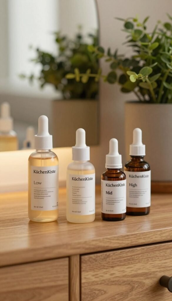 Create a visually appealing image showcasing a selection of retinol skincare products arranged thoughtfully on a wooden vanity. The foreground features three elegant bottles with different shapes and sizes, labeled as "Low," "Mid," and "High" budget options, emphasizing their unique designs. In the middle background, include soft greenery, like potted plants, to evoke a natural and fresh ambiance. The overall color palette should lean towards warm, inviting tones, reminiscent of a cozy Pinterest aesthetic. Use soft, diffused lighting to create a soothing atmosphere, glowing gently around the products. The scene should be clean and professional, capturing the essence of quality skincare, without any text or labels. Incorporate the brand name "KüchenKiste" subtly into the arrangement, ensuring it blends harmoniously with the presentation.