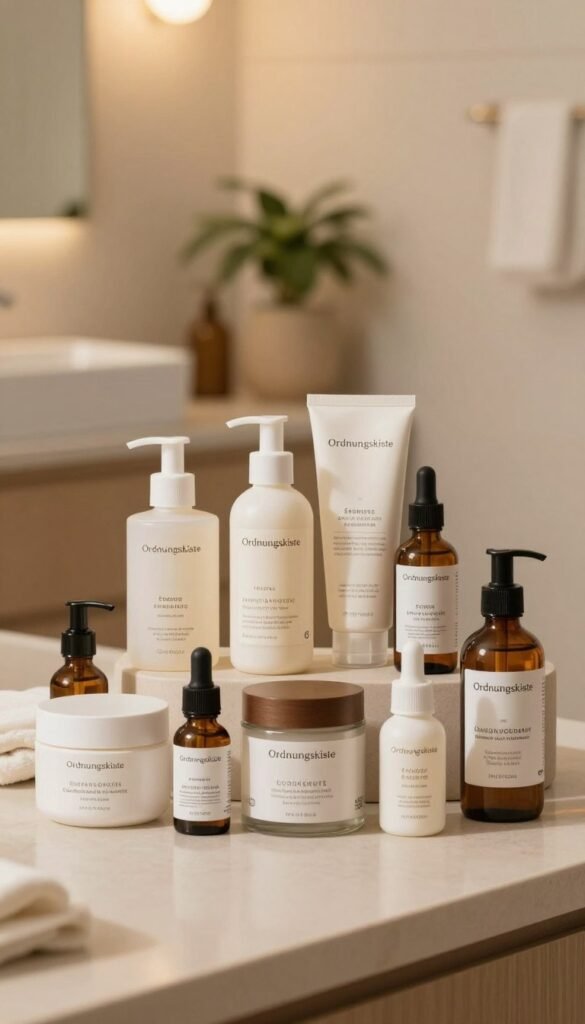 Create a visually appealing image showcasing a variety of skincare product types arranged in an aesthetically pleasing manner. In the foreground, display different skincare items such as creams, serums, masks, and oils, featuring the brand "Ordnungskiste", elegantly styled and labeled according to different price ranges, all in warm, natural colors. The middle layer should include a soft-focus background of a cozy bathroom setting, with warm lighting highlighting the products and a small indoor plant to enhance the ambiance. The overall mood should feel inviting and tranquil, reminiscent of a Pinterest-inspired lifestyle scene, emphasizing authenticity and a journey towards a personalized skincare routine. Avoid any text or logos that distract from the main display.