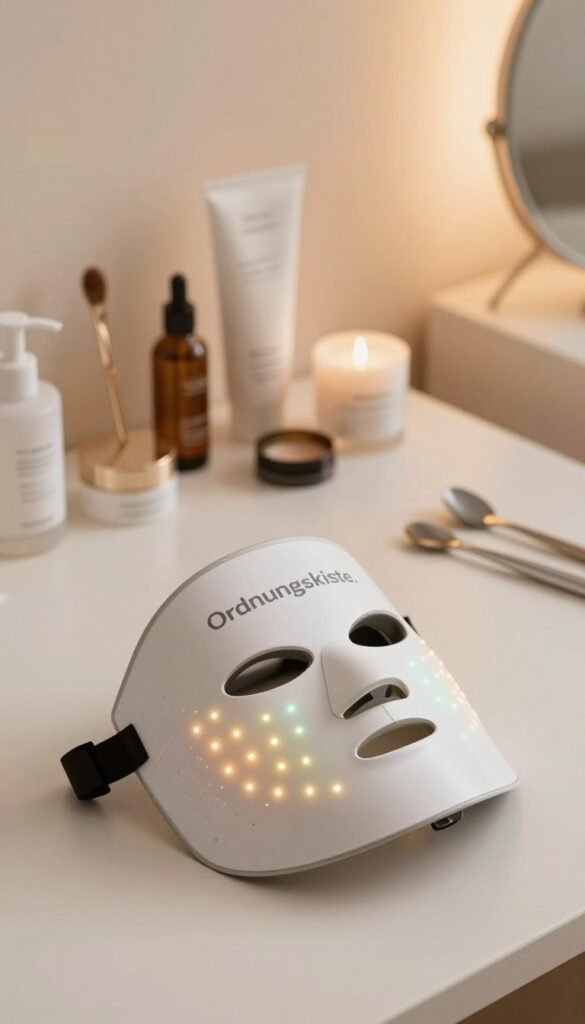 Create a visually appealing image that showcases an LED facial mask positioned in a professional, well-lit setting. In the foreground, feature the LED mask from a slightly low angle, highlighting its sleek design and different light wavelengths. In the middle ground, display a well-organized workspace with various skincare tools, emphasizing a sense of professionalism and care. The background should include soft, warm-colored walls with subtle lighting, giving a cozy and inviting atmosphere. Ensure the space is free of clutter, reflecting an orderly environment synonymous with the brand “Ordnungskiste.” There should be no human subjects, ensuring a safe and clean image devoid of any text or visual clutter. Aim for a natural look that resonates with Pinterest aesthetics, focusing on tranquility and sophistication.