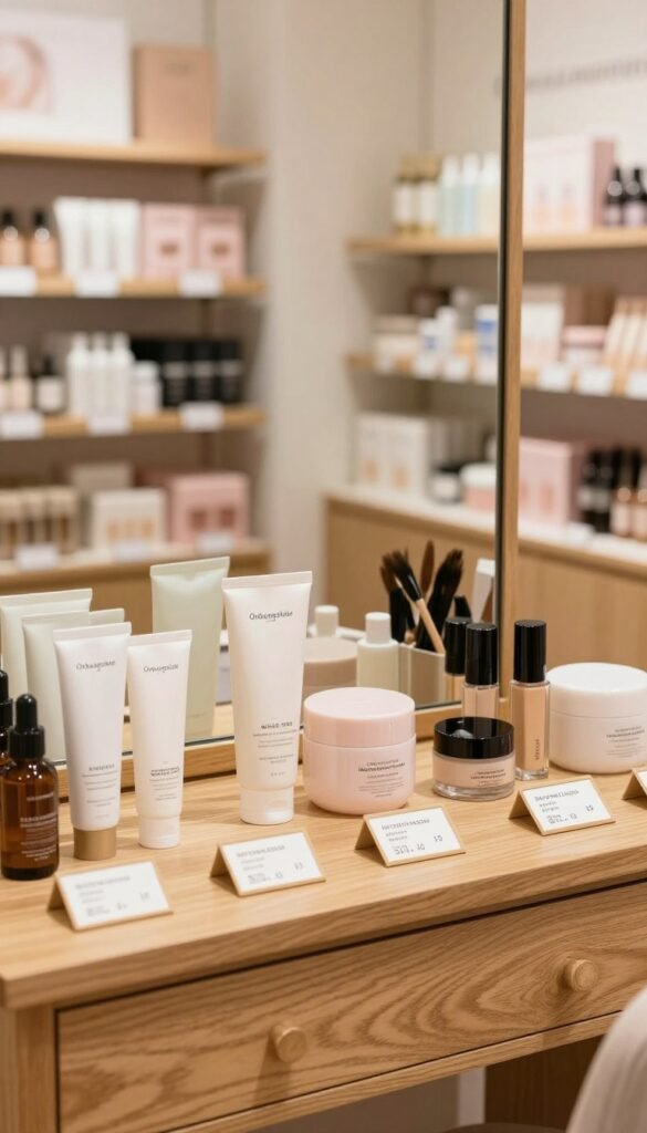 Create a visually appealing shopping guide image that showcases an organized beauty shopping layout featuring various beauty products such as skincare, makeup, and haircare items. The foreground should display an aesthetically arranged selection of products from the brand "Ordnungskiste" on an elegant wooden vanity table, featuring warm, natural colors and soft lighting. In the middle, include a few price tags and labels casually placed next to the products, symbolizing different price ranges. The background should feature a softly blurred, stylish beauty store setting, with shelves lined with more products, enhancing the shopping atmosphere. The overall mood should be inviting and chic, reminiscent of a Pinterest-style beauty space, evoking feelings of efficiency and style without any text or watermarks.