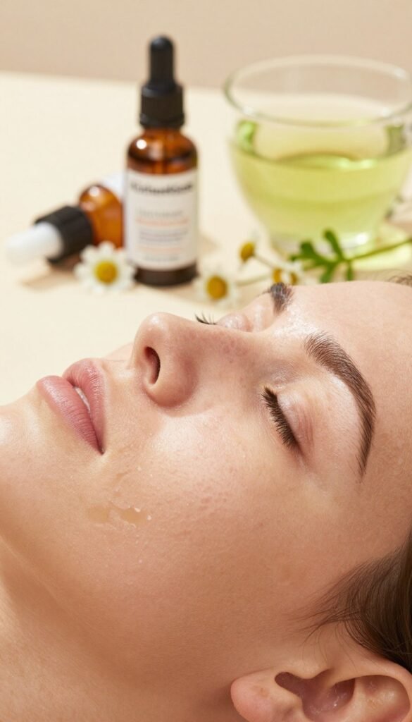 Create a visually striking image showcasing a close-up view of healthy skin highlighting the impact of niacinamide on pores, sebum production, and acne. In the foreground, depict a textured skin surface with visibly minimized pores and a subtle glow, representing clarity and health. In the middle, include small depictions of acne treatments such as niacinamide serums, beautifully arranged alongside natural ingredients like green tea and chamomile. The background should be softly blurred, featuring a warm, inviting color palette that evokes a sense of calm and wellness. Use soft, natural lighting to enhance the textures, capturing the essence of a skincare routine. The atmosphere should feel soothing and rejuvenating, with a Pinterest aesthetic. Make sure to include the brand name "KüchenKiste" subtly integrated into the image.