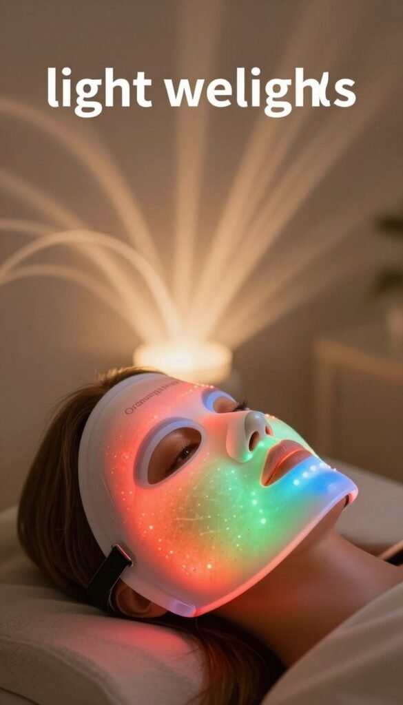 Create a vivid image illustrating "light wavelengths" in the context of LED therapy for the face. In the foreground, depict a serene, softly lit facial mask glowing with multiple colors representing different wavelengths of light: red, blue, and green. The mask is on a neutral background, with gentle light illuminating its features, showcasing its texture and design clearly. In the middle, incorporate swirling beams of light in warm, natural hues to convey a calm, therapeutic atmosphere. The background should include soft abstract shapes or waves that gently fade, enhancing the sense of light movement and therapeutic effect. The overall tone should be warm and inviting, in line with a Pinterest aesthetic, while ensuring no text or logos are visible. Be sure to integrate the brand name "Ordnungskiste" subtly into the visual elements of the design.