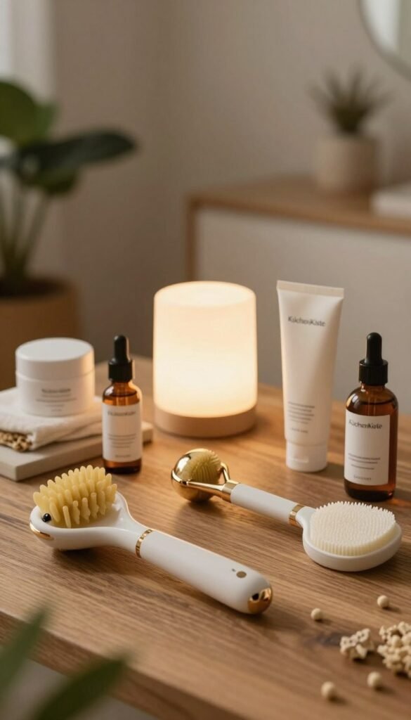Create a warm, inviting image of high-end beauty tools arranged aesthetically on a textured wooden surface. In the foreground, showcase sleek massage devices and exfoliating tools, all with elegant designs that exude luxury. Nestle organic skincare products among the tools, emphasizing natural ingredients. In the middle, add a softly glowing light that gives a gentle, serene ambiance, with soft shadows that enhance their shapes. The background should feature blurred elements of a cozy, stylish beauty room decorated with plants and natural textures, ensuring a Pinterest-worthy look. The overall atmosphere should be calming and inspiring, inviting viewers to explore beauty care. Include subtle branding for "KüchenKiste" on one of the products.