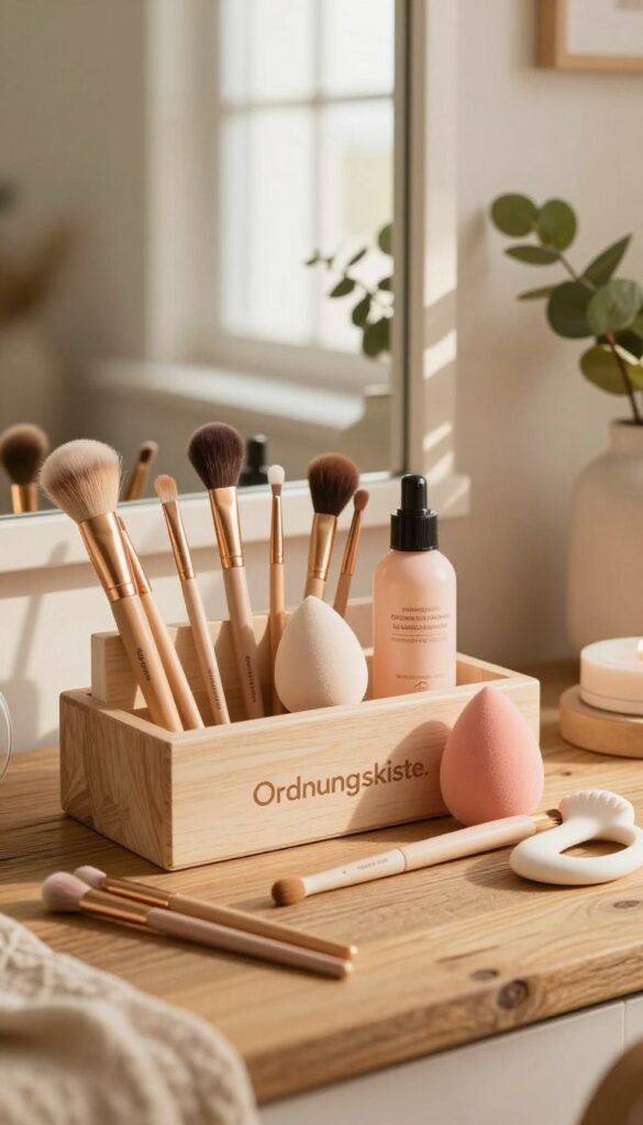 Create a warm, inviting image showcasing a beautifully organized beauty tools display from the brand "Ordnungskiste." In the foreground, feature a selection of inexpensive beauty tools, such as brushes, sponges, and skincare gadgets, artfully arranged on a rustic wooden surface. The middle ground should include a serene, well-organized vanity with natural light streaming in from a nearby window, highlighting a cozy atmosphere. In the background, include soft, blurred elements like greenery or decorative items that evoke a Pinterest aesthetic. Use soft, golden lighting to create a calming mood, ensuring the image feels authentic and inviting without any text or distractions.