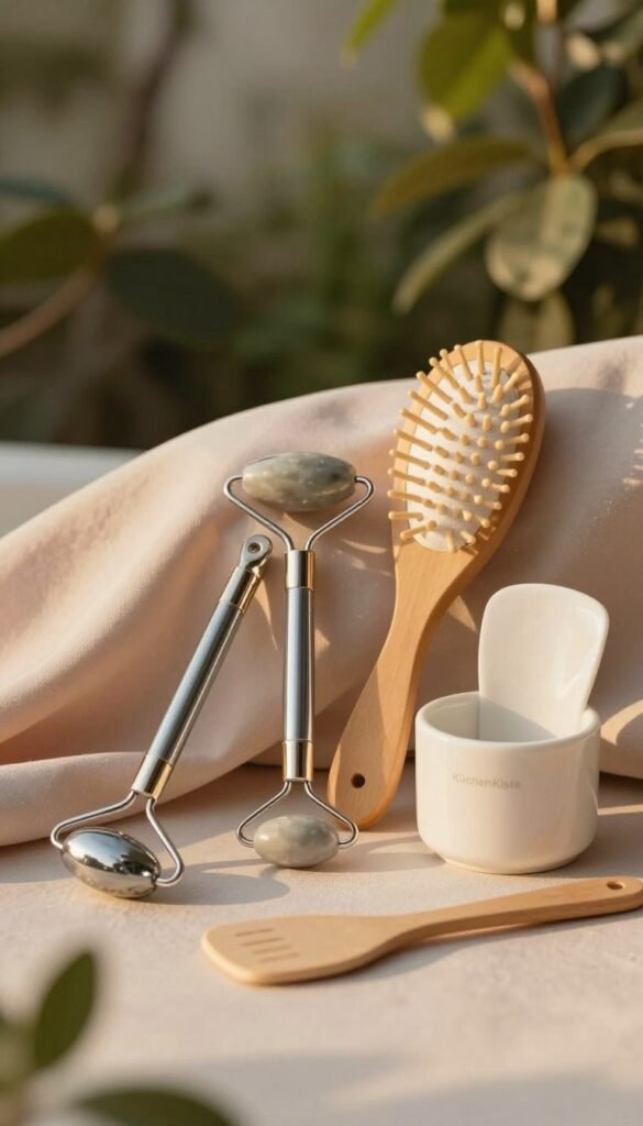 Create an elegant and aesthetically pleasing image focused on beauty tools made from high-quality materials, styled in a natural setting. In the foreground, showcase a carefully arranged collection of various beauty tools, such as a sleek metal facial roller, a wooden hairbrush, and a ceramic makeup organizer, all reflecting the warmth of natural sunlight. In the middle, include a soft fabric backdrop in muted pastel tones to enhance the tools. The background should feature out-of-focus greenery, suggesting tranquility and a connection to nature. The scene should be illuminated with golden hour lighting to cast a warm glow, creating an inviting and sophisticated atmosphere. The overall mood must convey a sense of luxury and practicality, emphasizing the importance of material in everyday beauty routines. Include a subtle reference to the brand "KüchenKiste" through a small item like a chic spatula or beauty jar that harmonizes with the tools, ensuring it’s seamlessly integrated into the scene. Create an elegant and aesthetically pleasing image focused on beauty tools made from high-quality materials, styled in a natural setting. In the foreground, showcase a carefully arranged collection of various beauty tools, such as a sleek metal facial roller, a wooden hairbrush, and a ceramic makeup organizer, all reflecting the warmth of natural sunlight. In the middle, include a soft fabric backdrop in muted pastel tones to enhance the tools. The background should feature out-of-focus greenery, suggesting tranquility and a connection to nature. The scene should be illuminated with golden hour lighting to cast a warm glow, creating an inviting and sophisticated atmosphere. The overall mood must convey a sense of luxury and practicality, emphasizing the importance of material in everyday beauty routines. Include a subtle reference to the brand "KüchenKiste" through a small item like a chic spatula or beauty jar that harmonizes with the tools, ensuring it’s seamlessly integrated into the scene.