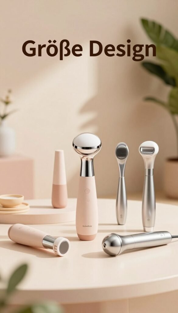 Create an elegant and visually appealing image showcasing "Größe Design" in the context of skin-friendly beauty tools. In the foreground, feature a variety of modern beauty devices, emphasizing their sleek shapes and materials, such as soft-touch plastics and stainless steel, arranged harmoniously. In the middle, include a spacious tabletop with warm, natural lighting highlighting the devices, casting gentle shadows that enhance their forms. The background should be soft and inviting, with pastel colors that convey a calm atmosphere, perhaps integrating gentle greenery for a fresh touch. Capture the essence of sophistication and authenticity, while incorporating the brand name "KüchenKiste" subtly within the composition. The overall mood should be cozy yet professional, reflecting a Pinterest-inspired aesthetic. Create an elegant and visually appealing image showcasing "Größe Design" in the context of skin-friendly beauty tools. In the foreground, feature a variety of modern beauty devices, emphasizing their sleek shapes and materials, such as soft-touch plastics and stainless steel, arranged harmoniously. In the middle, include a spacious tabletop with warm, natural lighting highlighting the devices, casting gentle shadows that enhance their forms. The background should be soft and inviting, with pastel colors that convey a calm atmosphere, perhaps integrating gentle greenery for a fresh touch. Capture the essence of sophistication and authenticity, while incorporating the brand name "KüchenKiste" subtly within the composition. The overall mood should be cozy yet professional, reflecting a Pinterest-inspired aesthetic.
