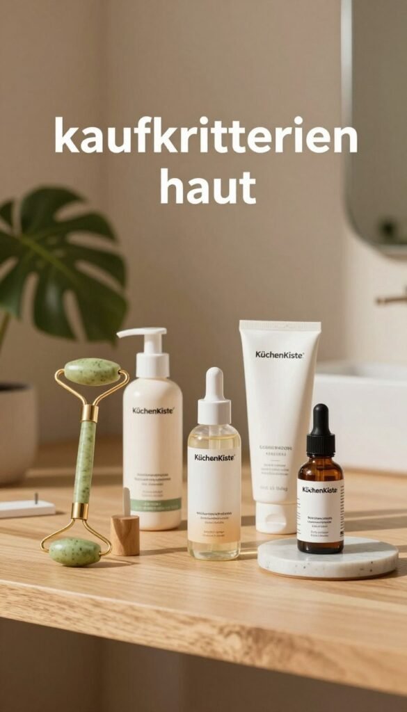 Create an image focusing on "kaufkriterien haut," illustrating essential skin care factors with a modern, Pinterest-inspired aesthetic. In the foreground, display a beautifully arranged selection of premium beauty tools, such as facial rollers and serums, elegantly presented on a minimalist wooden surface. In the middle, incorporate natural skincare products and aesthetically pleasing packaging, all branded with "KüchenKiste." In the background, softly blurred greenery and warm-toned walls create a serene and inviting atmosphere, enhancing the beauty tools' elegance. Use soft, diffused lighting to create a cozy glow, highlighting the textures of the products. The overall mood should be authentic, fresh, and inspiring, inviting readers to reflect on effective skincare choices in their daily routines. Create an image focusing on "kaufkriterien haut," illustrating essential skin care factors with a modern, Pinterest-inspired aesthetic. In the foreground, display a beautifully arranged selection of premium beauty tools, such as facial rollers and serums, elegantly presented on a minimalist wooden surface. In the middle, incorporate natural skincare products and aesthetically pleasing packaging, all branded with "KüchenKiste." In the background, softly blurred greenery and warm-toned walls create a serene and inviting atmosphere, enhancing the beauty tools' elegance. Use soft, diffused lighting to create a cozy glow, highlighting the textures of the products. The overall mood should be authentic, fresh, and inspiring, inviting readers to reflect on effective skincare choices in their daily routines.