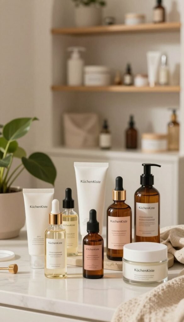 Create an image illustrating diverse skincare concepts tailored to different skin needs: dry, oily, sensitive, and mature. In the foreground, display an aesthetically pleasing arrangement of skincare products like serums, creams, and oils in elegant glass containers, beautifully labeled with subtle colors. In the middle ground, showcase a serene vanity scene with natural elements like plants and soft textiles, evoking a sense of warmth and tranquility. The background should feature softly blurred shelves filled with complementary beauty items, adding depth without distraction. Use soft, warm lighting to create a cozy, inviting atmosphere. Capture a Pinterest-inspired aesthetic to ensure the image feels authentic and engaging. Include the brand name "KüchenKiste" subtly integrated into the scene. Ensure the overall composition is professional and visually appealing.