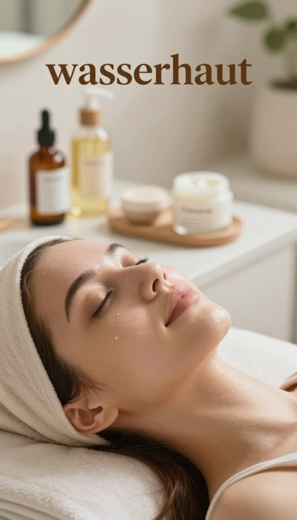 Create an image of "wasser haut" with a focus on a serene and glowing complexion. In the foreground, feature a close-up of a woman's face with dewy, radiant skin that reflects health and vitality, wearing modest, elegant clothing in soft pastel colors. In the middle, include elements symbolizing skincare routines, such as natural beauty products like oils and creams arranged aesthetically. The background should be softly blurred, showcasing a tranquil bathroom setting with warm, inviting tones, perhaps a hint of greenery for a refreshing vibe. Use soft, natural lighting to create a calming atmosphere, with a gentle focus that highlights the wellness theme. The style should feel authentic and cozy, reminiscent of Pinterest aesthetics, without any text or branding except a small, subtle presence of "KüchenKiste" incorporated thoughtfully into the scene.