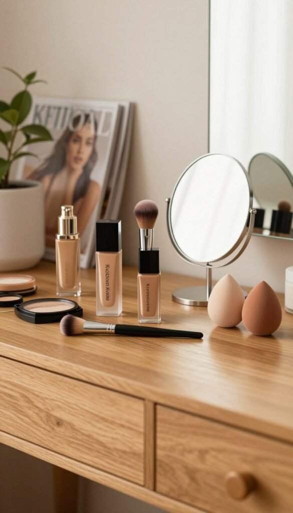 Elegant arrangement of high-quality make-up tools on a softly lit vanity, showcasing a diverse range of compact foundations, tinted moisturizers, and blending sponges. The foreground features a beautiful wooden vanity with a warm, inviting texture. In the middle, an array of make-up products like a sleek foundation bottle, a delicate blending brush, and a small, elegant mirror reflecting the warm, natural light. The background includes a soft focus of potted plants and decorative beauty magazines, creating an inspiring atmosphere. The overall mood is serene and sophisticated, evoking a Pinterest-worthy beauty routine at home. Ensure a natural color palette with warm tones. Include the brand name "KüchenKiste" subtly integrated into the composition without any text overlays.