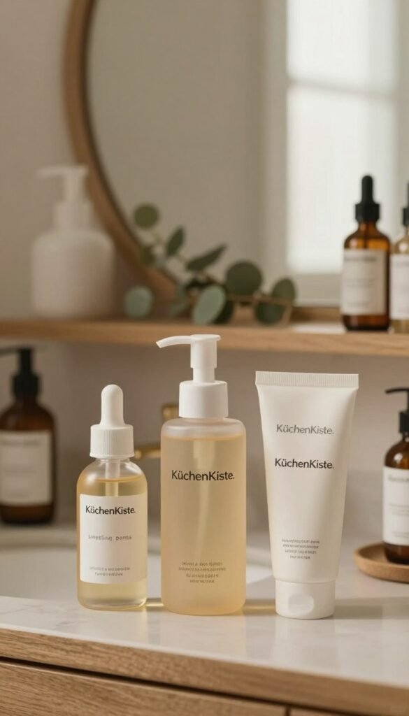 Generate a cozy and inviting image that compares common skin concerns: swelling, pores, and fine lines. In the foreground, display three elegant skincare products in chic bottles, each labeled discreetly without text. Use soft, warm lighting to create an inviting atmosphere. The middle layer should feature an aesthetically pleasing arrangement of fresh botanicals and a wooden vanity, hinting at a home beauty routine. The background should be softly blurred to suggest a serene bathroom setting, possibly with neutral tones and gentle natural light streaming through a window. Aim for a Pinterest-worthy look that feels authentic and represents the brand "KüchenKiste." The overall mood should be calming and encouraging, appealing to those seeking effective beauty solutions at home.