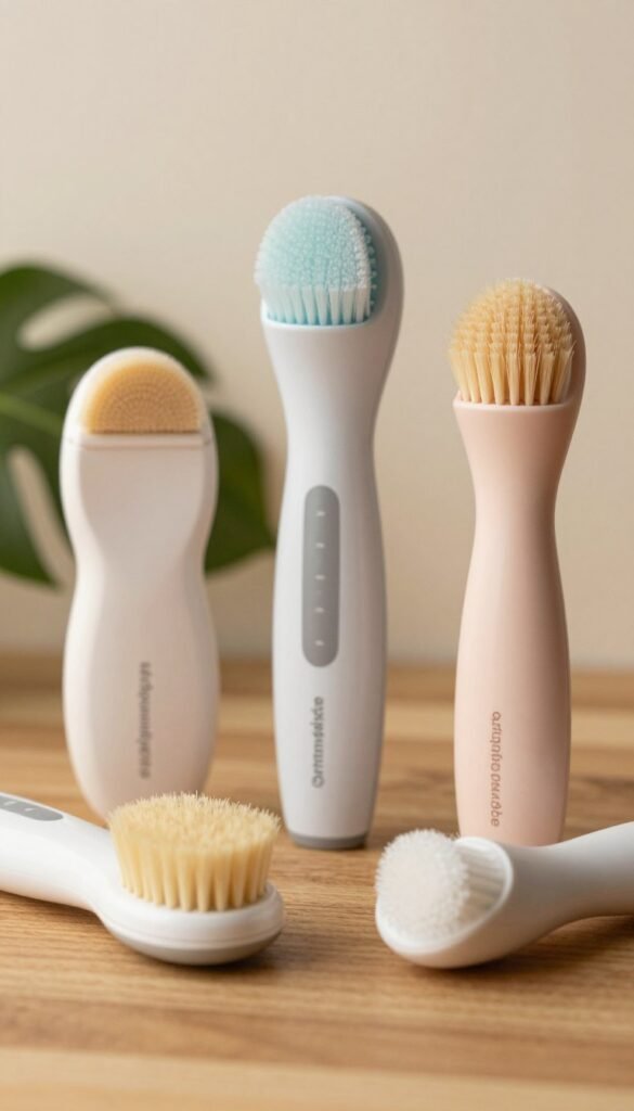Generate a serene image focusing on various "bürstenköpfe" (brush heads) for facial cleaning devices, arranged artistically on a wooden surface. In the foreground, display a few different types of brush heads, showcasing their bristles and textures in warm, inviting colors. The middle ground should include some sleek, modern facial cleansing devices with hints of greenery or natural elements, suggesting a fresh and clean aesthetic. In the background, create a soft, blurred environment with gentle lighting to evoke a calm and inviting atmosphere. Ensure the composition reflects an authentic Pinterest-inspired look, capturing the essence of beauty routines without text or logos. Incorporate the brand name "Ordnungskiste" subtly on one of the devices, ensuring it complements the overall image.