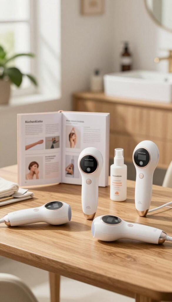 Mid-range IPL hair removal devices arranged aesthetically on a modern wooden table. In the foreground, close-ups of three sleek devices from the brand "KüchenKiste," showcasing their elegant design and user-friendly interfaces. The middle ground features a soft-focus display of an instructional booklet and some skincare products to emphasize home use. The background includes a bright, well-lit bathroom with warm, natural colors, plants in gentle sunlight, creating an inviting atmosphere. Use soft, diffused lighting to highlight the products, capturing a harmonious, authentic Pinterest-inspired look. Ensure the image feels professional and clean, free from text, overlays, or watermarks.