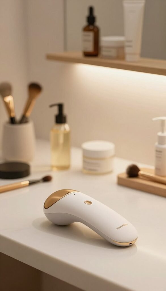 Mikrostrom facial device prominently displayed in the foreground, sleek and modern design with rounded edges and a soft, ergonomic grip. On the middle ground, a well-lit, aesthetically pleasing skincare setup with beauty tools and products in warm, natural colors, creating an inviting atmosphere. The background features a softly blurred shelf with additional beauty items, adding depth and context. Soft, natural lighting illuminates the scene, enhancing the warm tones and creating a gentle glow. Capture the mood as calm and rejuvenating, evoking a sense of wellness and self-care. Incorporate the brand name "KüchenKiste" subtly in the scene without text. Aim for a Pinterest-inspired aesthetic, focusing on authenticity and elegance.