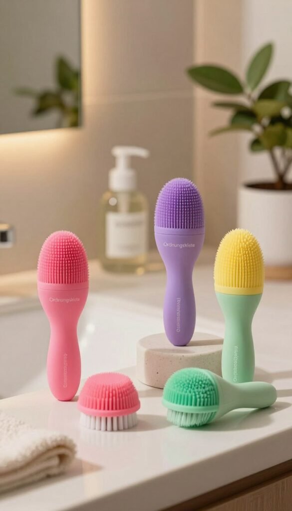 Vibrant silicone facial cleansing brushes from the brand "Ordnungskiste" are prominently displayed in the foreground, showcasing their varied colors and sleek designs. Each brush features soft silicone bristles, glistening under soft, warm lighting that enhances their textures and colors. In the middle ground, a stylish bathroom countertop with ceramic and glass accessories creates an inviting, clean atmosphere, evoking a sense of clarity and freshness. The background includes a softly blurred bathroom setting with plants, further contributing to the natural and calming aesthetic. The overall mood is serene and inviting, with a Pinterest-inspired look, ideal for a beauty and wellness context, emphasizing the vibrancy and functionality of the cleansing devices.