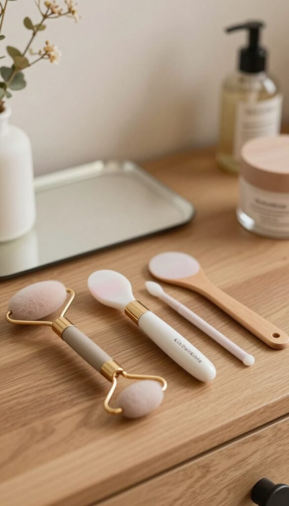 close-up of a beautifully arranged set of specialized beauty tools focused on addressing problem areas such as eyes, lips, and pores, displayed elegantly on a wooden vanity. In the foreground, showcase high-quality tools like an eye roller, a lip scrub applicator, and a pore-cleansing device, with soft lighting that highlights their textures. In the middle ground, include light-reflecting surfaces and natural elements like plants or flowers to add warmth and authenticity. The background should remain subtle to emphasize the tools, featuring soft, blurred warm tones that enhance the inviting atmosphere. The scene embodies a Pinterest-inspired aesthetic, evoking a sense of tranquility and self-care, with the brand name "KüchenKiste" subtly included in the design, ensuring a clear and professional presentation.